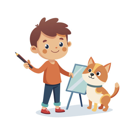 Cartoon boy artist holding pencil standing next to easel and dog friend on white backdropのイラスト素材