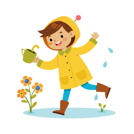 Cartoon illustration of a happy child watering flowers on a bright spring dayのイラスト素材