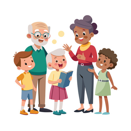 Intergenerational learning: Grandparents, children, and teacher gather for storytelling and education vector illustrationのイラスト素材