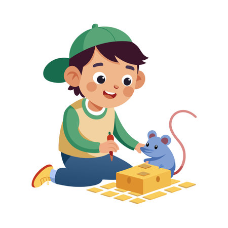 Cartoon boy playing with a cheese block and a blue mouse illustrationのイラスト素材