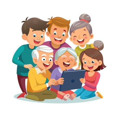 Smiling Multi-Generational Family Gathered Around a Tablet in a Cartoon Illustration Styleのイラスト素材
