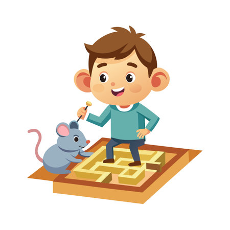Boy and Mouse Navigate a Maze: A Visual Metaphor for Problem Solving and Strategyのイラスト素材
