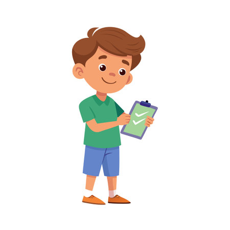 Cartoon boy holding checklist with check marks showing task completion in a flat styleのイラスト素材