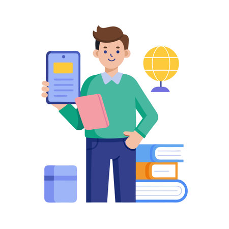 Man with Tablet, Book, and Globe Representing Education and Technology in Modern Learningのイラスト素材