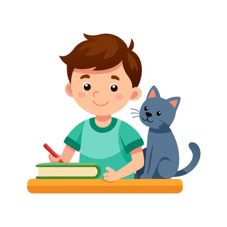 Boy studying with his cat, isolated vector scene of student and petのイラスト素材