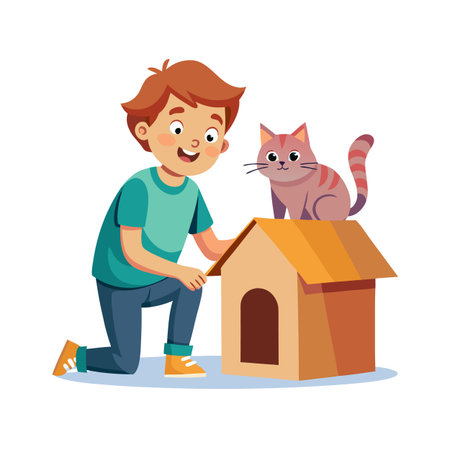 Boy and his Cat: A playful scene of friendship and feline affection in vector artのイラスト素材