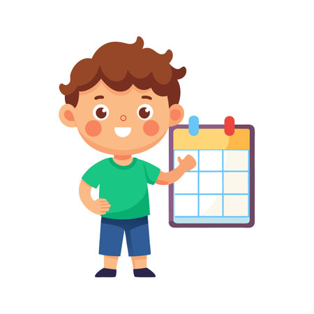 Boy presenting calendar schedule in flat vector illustration, educational timetable concept designのイラスト素材