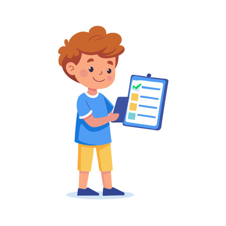 Boy Completing Checklist, Educational Assessment Concept - Child with Clipboard and To-Do Listのイラスト素材