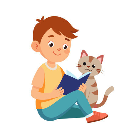 Boy Reading Book With Cat Illustration Depicting Friendship and Learning in Flat Style Designのイラスト素材