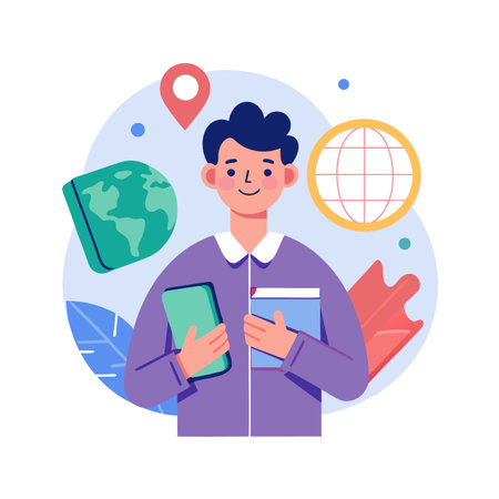 Young man with book and digital tablet surrounded by travel and geography iconsのイラスト素材