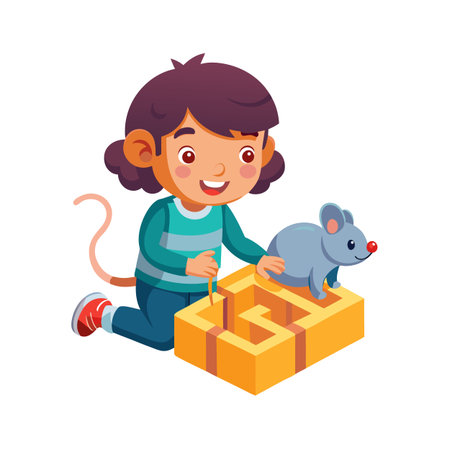 Girl with Mouse on Maze: A Playful Illustration of Childhood Curiosity and Problem-Solvingのイラスト素材
