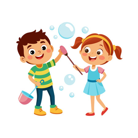 Joyful children playing with bubbles and cleaning tools in a flat vector illustrationのイラスト素材