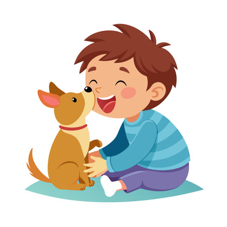 Cartoon boy gets loving kiss from pet dog, bonding over friendship and companionshipのイラスト素材
