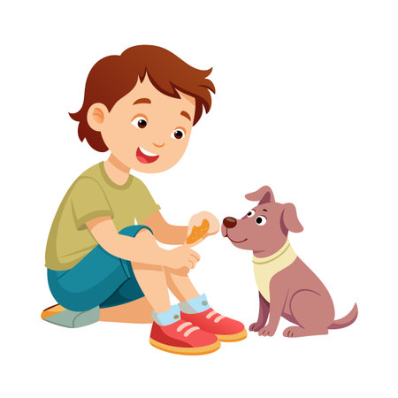 Illustration of a happy boy giving a treat to his adorable puppy companionのイラスト素材