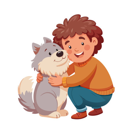 Cartoon boy and a dog hugging, showcasing friendship in a warm embrace of loveのイラスト素材