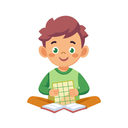 Young boy with a grid chart sitting cross-legged over an open book illustrationのイラスト素材