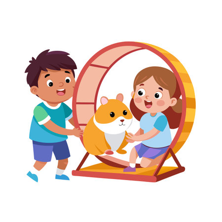 Children helping a hamster in a wheel for pet care and playtime funのイラスト素材
