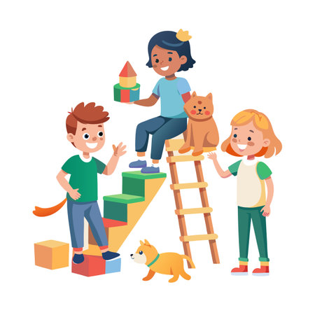 Cheerful children building with blocks together accompanied by their pets in a colorful vector illustrationのイラスト素材