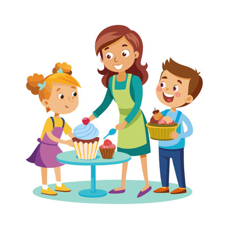 Family Baking Fun: Mother and Children Decorating Cupcakes Together in a Bright, Cheerful Kitchenのイラスト素材