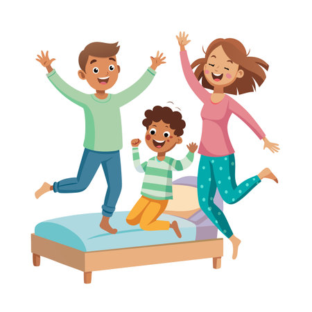 Joyful family morning: Children and mother jumping on the bed in playful moodのイラスト素材