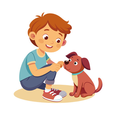 Illustration of a boy sharing a treat with his dog in a cartoon styleのイラスト素材