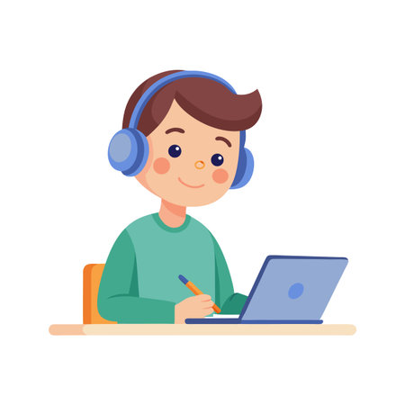 Boy with headphones learning remotely using laptop and pencil for studying at homeのイラスト素材
