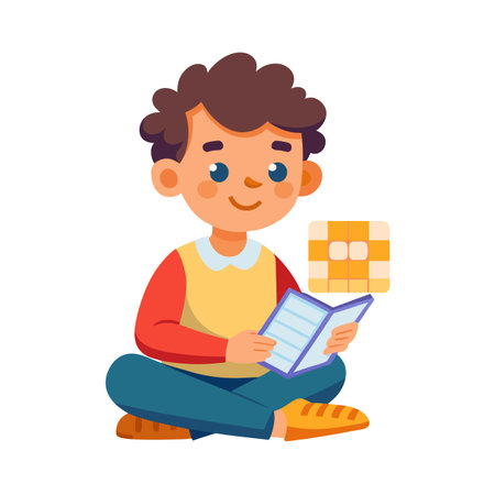 Young boy reading instructions for toy construction, flat vector illustration on white backgroundのイラスト素材