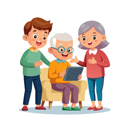 Three family members are gathered around a digital tablet, engaging in a heartwarming interactionのイラスト素材