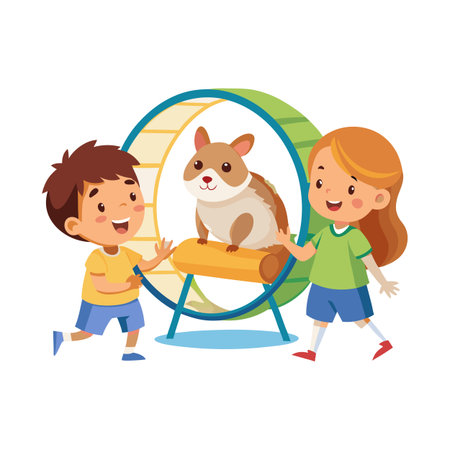 Happy kids looking at cute hamster on wheel in cartoon style illustrationのイラスト素材