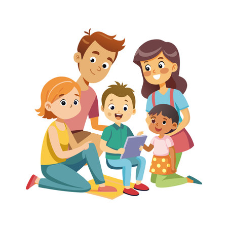 Cheerful family bonding over a digital tablet in a bright and colorful cartoon illustrationのイラスト素材