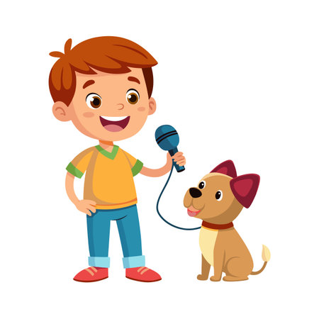 Cartoon Boy Holding Microphone with Cute Dog on Leash in Clean Vector Illustrationのイラスト素材