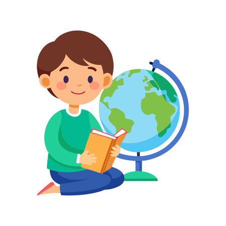 Boy reading a book beside a globe illustration for education or travel conceptのイラスト素材