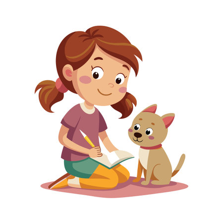 A young girl draws in a notebook with her friendly dog sitting beside her on pink rugのイラスト素材