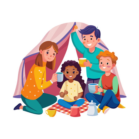 Cheerful diverse children gather inside a cozy homemade tent for a picnic tea partyのイラスト素材