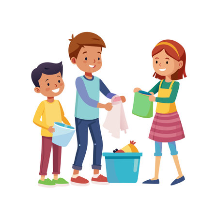 Three smiling kids tidying up toys together using buckets and container in vector styleのイラスト素材