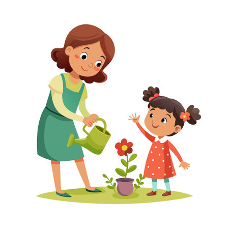 Woman Watering Flower with Girl Waving in Cartoon Style Illustration, Family Togethernessのイラスト素材
