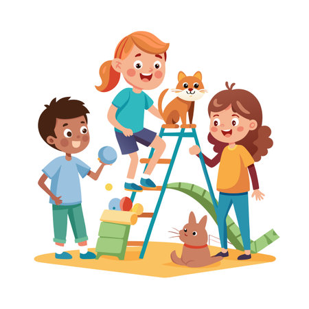 Cartoon illustration showcasing three children playing with pets and toys in a colorful arrangementのイラスト素材