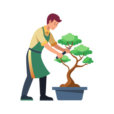 Gardener pruning bonsai tree in flat style vector illustration on white backgroundのイラスト素材