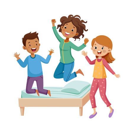 Cartoon children jumping happily on a bed while wearing pajamas with light backgroundのイラスト素材