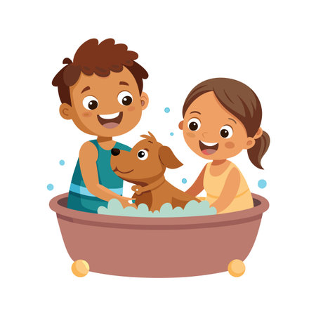 Children joyfully bathing their brown puppy in a bathtub filled with soapy bubblesのイラスト素材