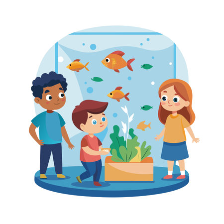 Children observing a fish tank filled with goldfish and aquatic plants in a vibrant illustrationのイラスト素材