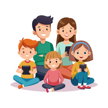 Happy family with three children using digital tablets while sitting together on the floorのイラスト素材