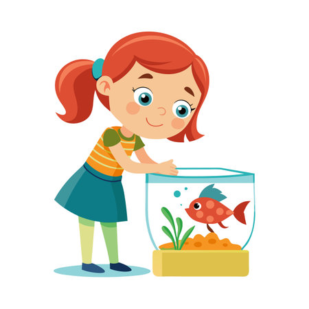 Girl and her goldfish: A child caring for her pet in an aquariumのイラスト素材