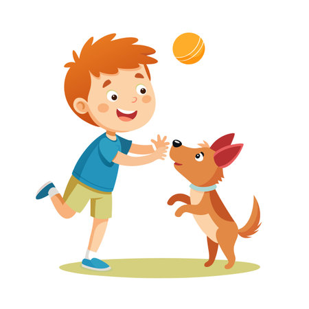 Cartoon illustration of a cheerful boy playing with his dog, throwing a ball in the airのイラスト素材