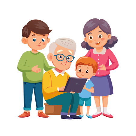 Cartoon illustration of a multigenerational family gathered around a laptop, sharing experiences and digital connectionのイラスト素材