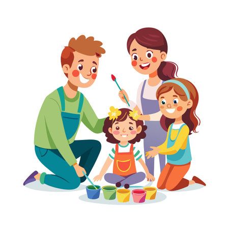 Happy family painting together, kids sitting on floor with paint cups illustrationのイラスト素材