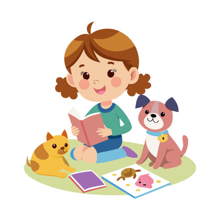 Young girl reading book with two cartoon dogs on green field illustrationのイラスト素材