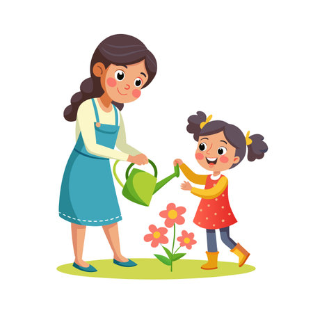 Mother and daughter gardening together, watering flowers with watering can in cartoon style vector illustrationのイラスト素材