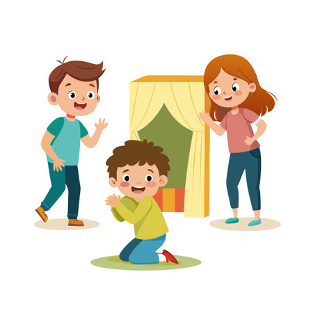Excited children putting on a play using a blanket fort as a stage illustrationのイラスト素材