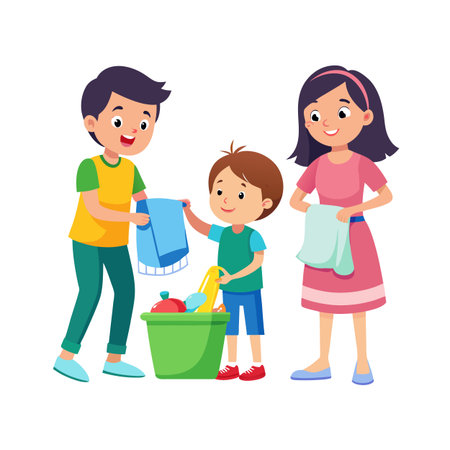 Cartoon Family Cleaning Up Together Sorting Laundry, Teaching Children Responsibility and Teamwork at Homeのイラスト素材
